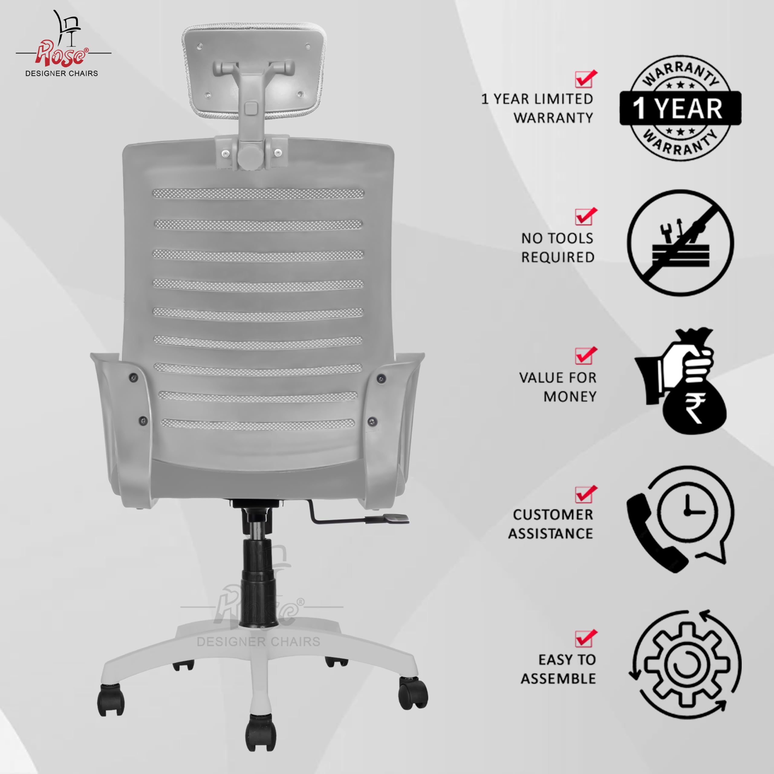 ROSE® Elite | 3 Years Brand Warranty | Ergonomic Office Chair, Study, WFH, Revolving, Rolling, Desk, Task, Laptop, Student Chair (Full Grey, Elite Max HB) 4