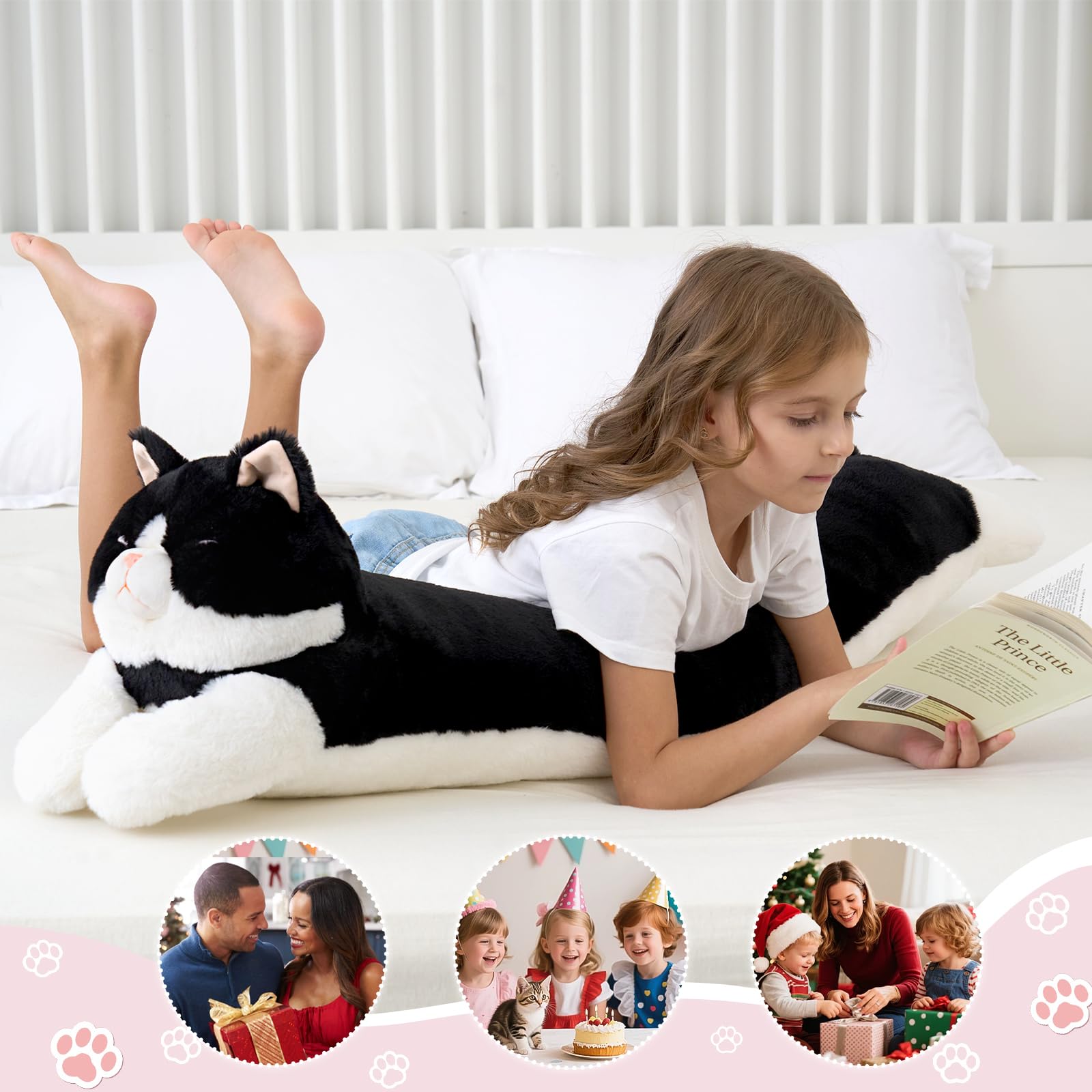 Dalmao Gato de peluche blanco y negro de 120 cm de alto, largo como cojín de abrazo/cuerpo, peluche suave para niños y adultos