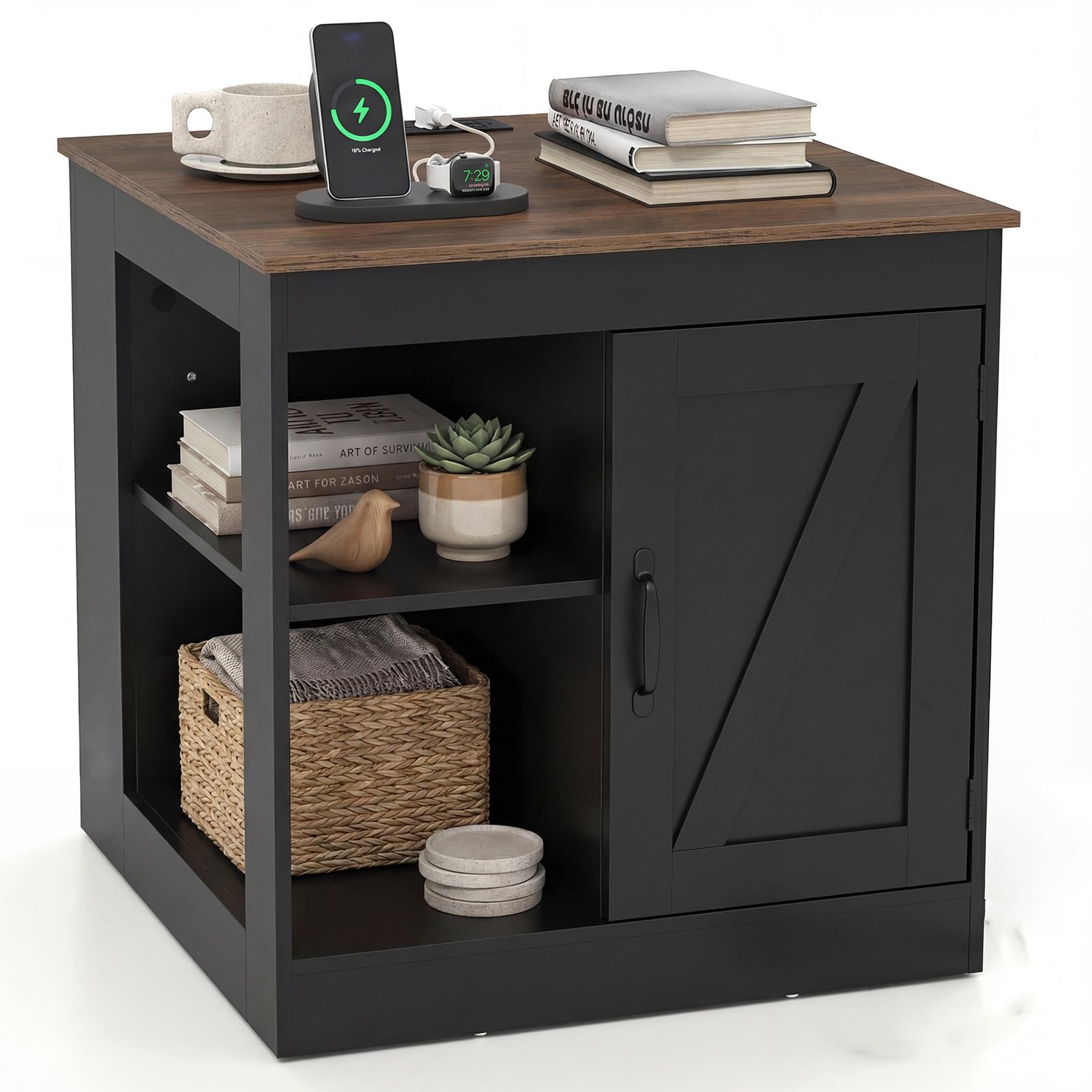 COSTWAY Bedside Table with Charging Station, Wooden Nightstand End Sofa Side Table with Open Shelves, Cabinet & Barn Door, Farmhouse Accent Bedside Cabinet for Living Room Bedroom (1, Black + Natural)