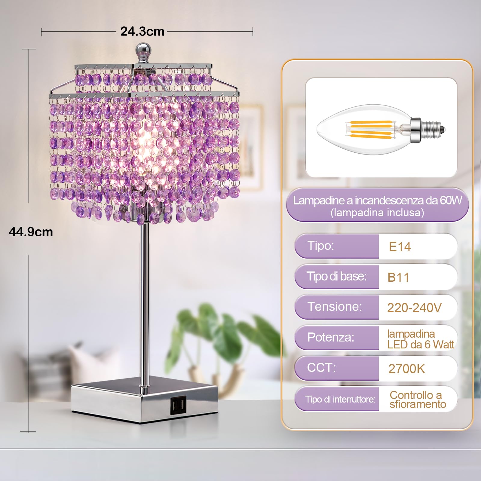 GyroVu Lampada da Tavolo in Cristallo, Lampada Touch con Porte USB C+A, Lampada Dimmerabile per Comodino, Camera da Letto, Soggiorno, Lampadina Inclusa