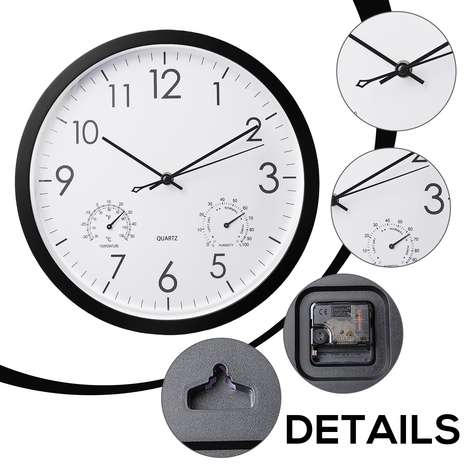 BORDEAG Orologio Da Parete, Orologio Da Giardino, Orologio Da Esterno, Per Interni Ed Esterni, Resistente Alle Intemperie, Con Termometro E Igrometro, Orologio Da Esterno Da 12 Pollici (Nero)
