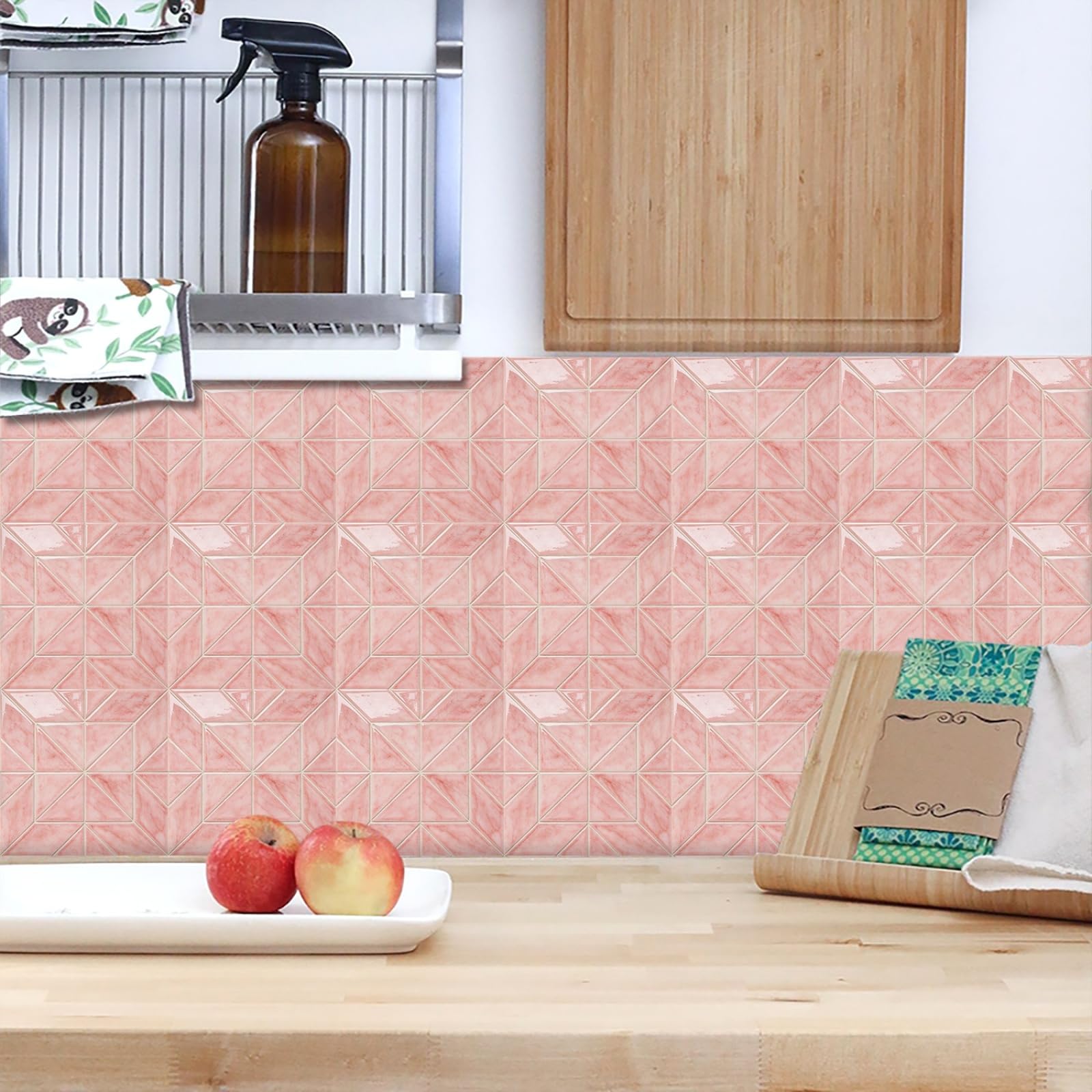 Stick on Tiles Pink Marble Brick Tile Stickers for Bathroom Kitchen Backsplash Waterproof Tile Covers for Fireplace Surround Cabinet Furniture Stick on Kitchen Tiles 20x20 cm/10 pcs