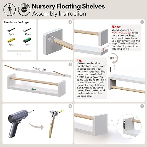 Miniatura 2 de Incluye herrajes, no necesita insertos de madera, estantes para libros de guardería, paquete de 4, estantes de pared para habitación de niños, bebé,