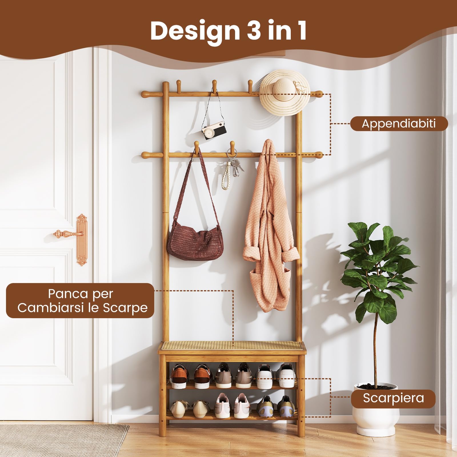 RELAX4LIFE 3 in 1 Attaccapanni con Scaffale per Scarpe, Mobile Ingresso in Bambù e Rattan PE con Panca, 2 Barre Appendiabiti, 11 Ganci e 2 Ripiani, per Corridoio, Camera, 71x30x169,5cm (Naturale)