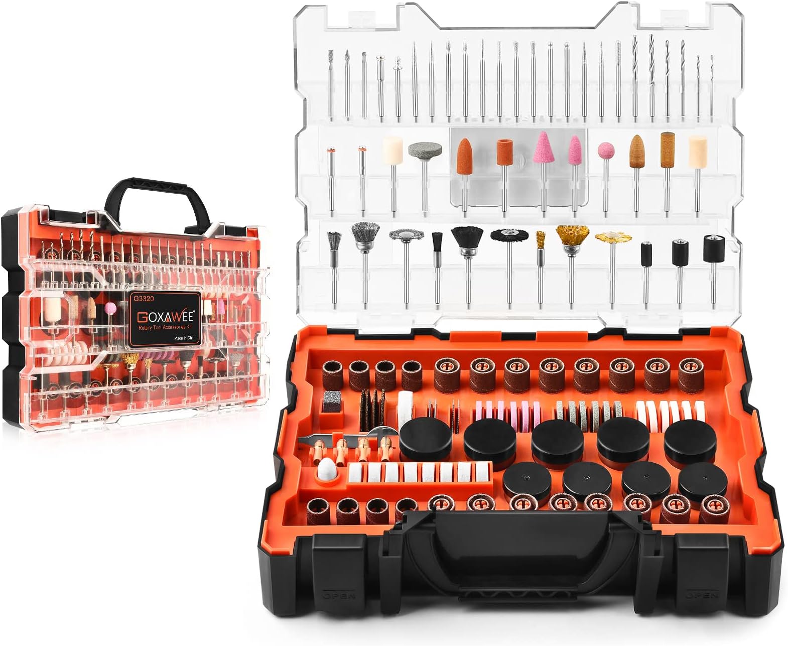 GOXAWEERotary Tool Accessories Kit, 480pcs Accessory Set, 1/8" Shank with Deluxe Tool Case for Rotary Tool Electric Grinder, Multifunctional Universal Fitment for Cutting, Sanding, Polishing
