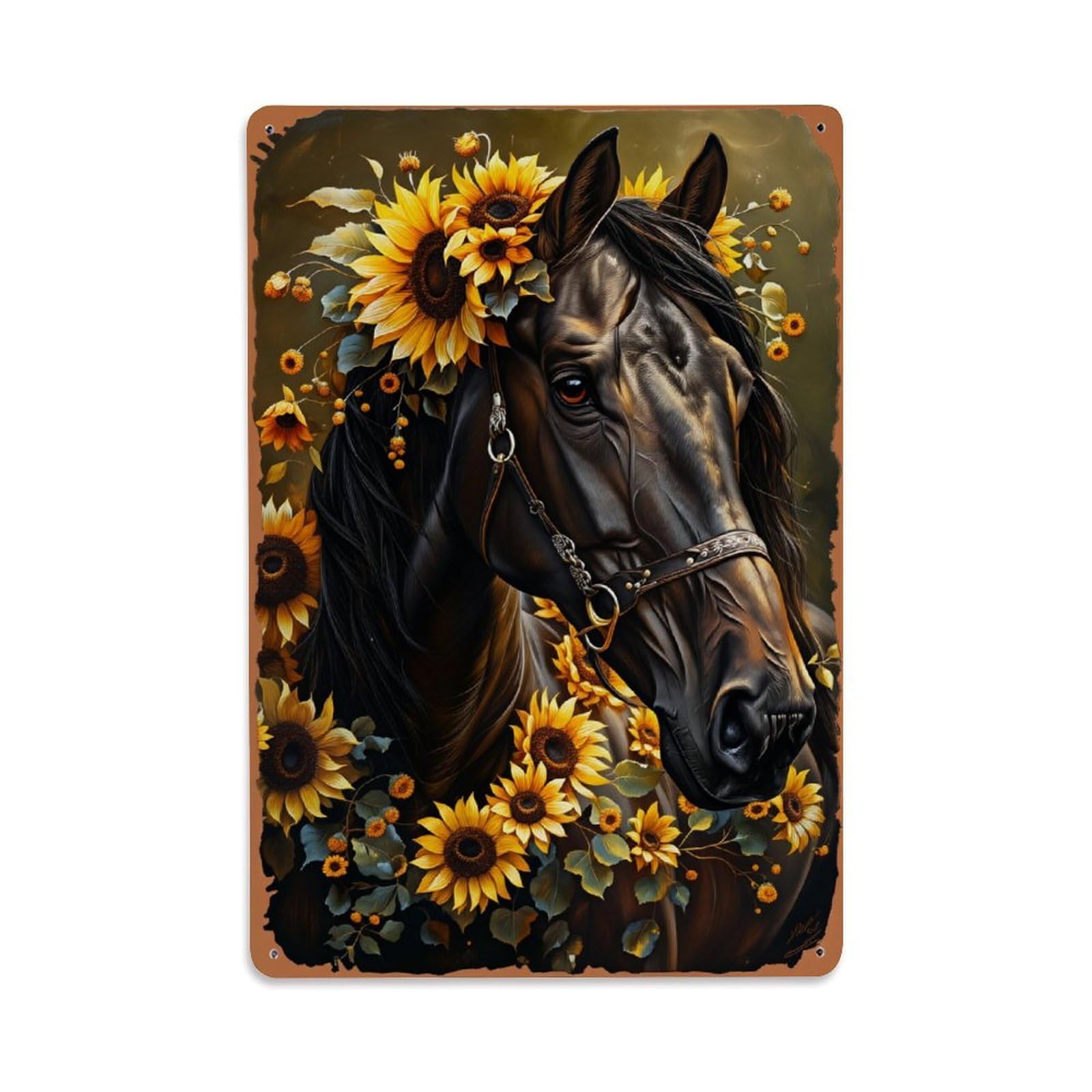 Jdfenggu Vintage Sunflower Horse Art Print Pattern Retro Metal Tin Sign, Decor Art Poster For Bar, Home, Man Cave, Kitchen, Laundry Room Gift 8X12inch