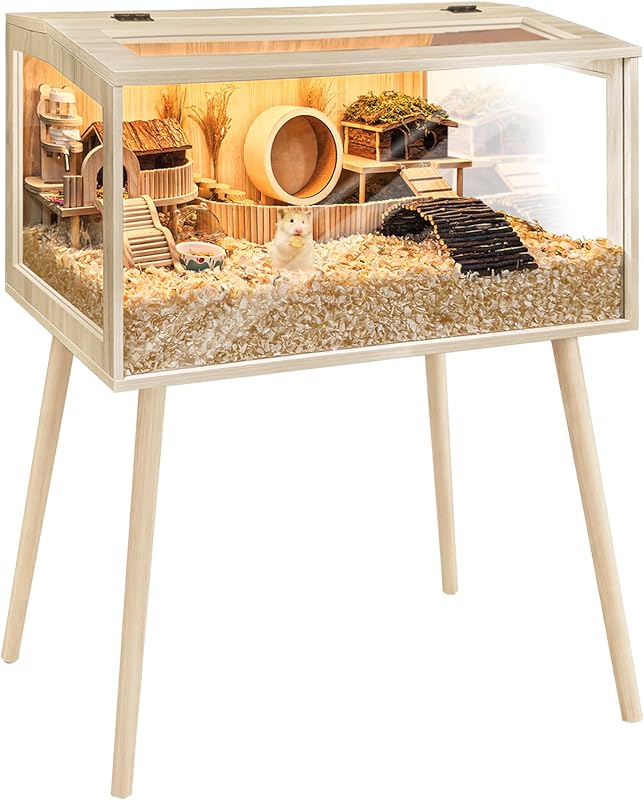 PROLEE Hamster Cage Wooden Chew Proof, Extra Large Mice and Rat Habitat Openable Top with Acrylic Sheets Solid Built Small Animal Cage with Leg Stands, 40 Inch Long