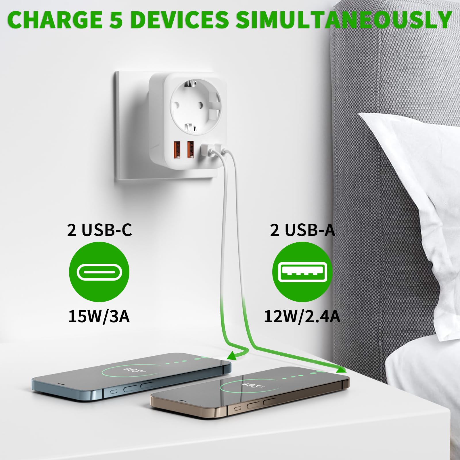 5 en 1 Adaptateur Prise Italienne vers France, Adaptateur Prise Italienne, 2 USB C, 2 USB A, Europe FR 2 Broches vers US 3 Broches, pour Italie, Chili, Maldives, Saint-Marin, Vatican,Type L