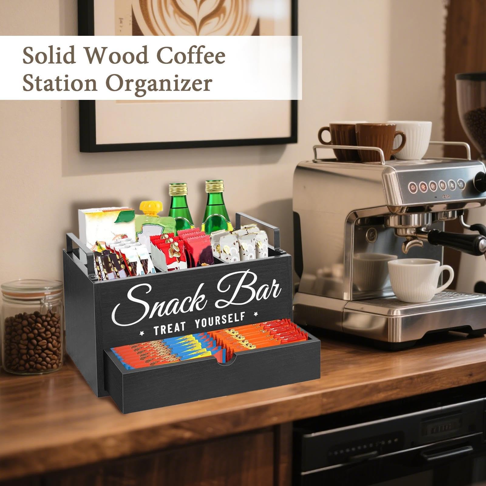 Kaffee Gewürz Organizer Anrichte Kaffee Organizer Station Für Küche | Edelholz Aufbewahrung Mit Schublade Für Tassen Rührstäbchen Pads Zucker Tee Zubehör