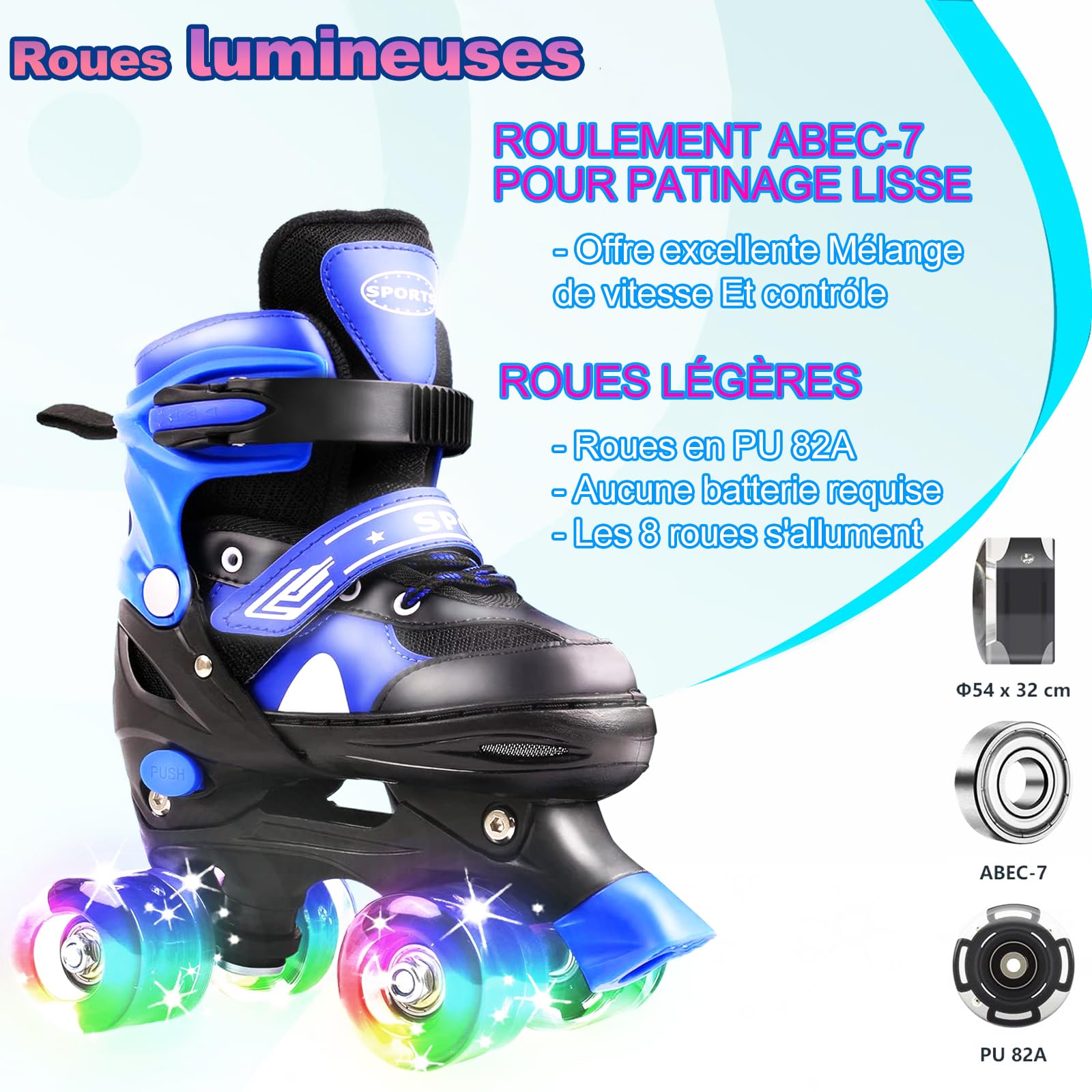 Patins à roulettes pour Enfants Filles: Roller Enfant Fille, Rollers Quad avec 4 Taille Réglable, 8 Roues Lumineuses, Maille Respirante - Rose