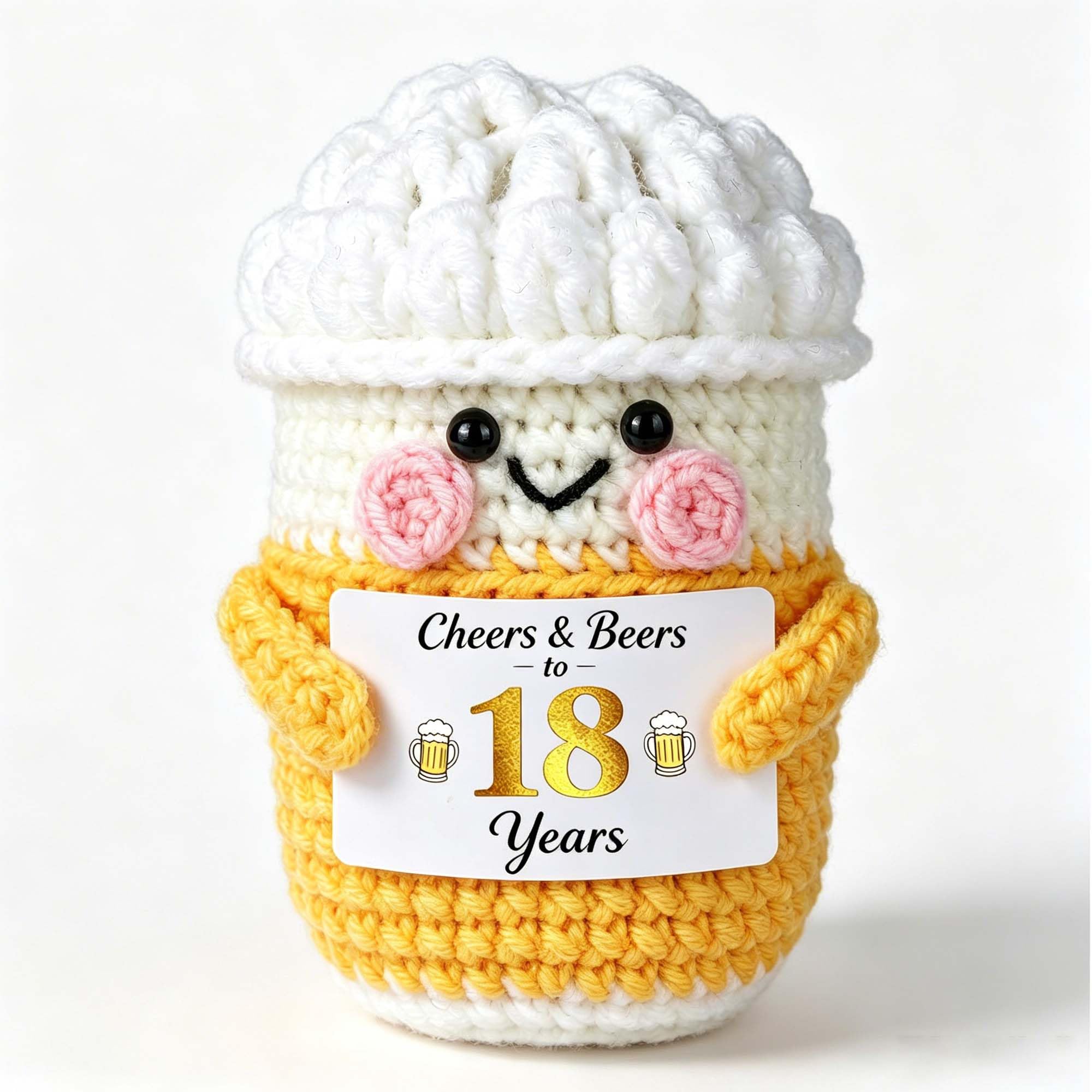 Qpout 18th Birthday Gifts for Men Women, Funny Handmade Crochet Beer with Cheers & Beers to 40 Years Card, Cute Desk Decor & Keepsake for Beer Lovers, Him Her Friends Family