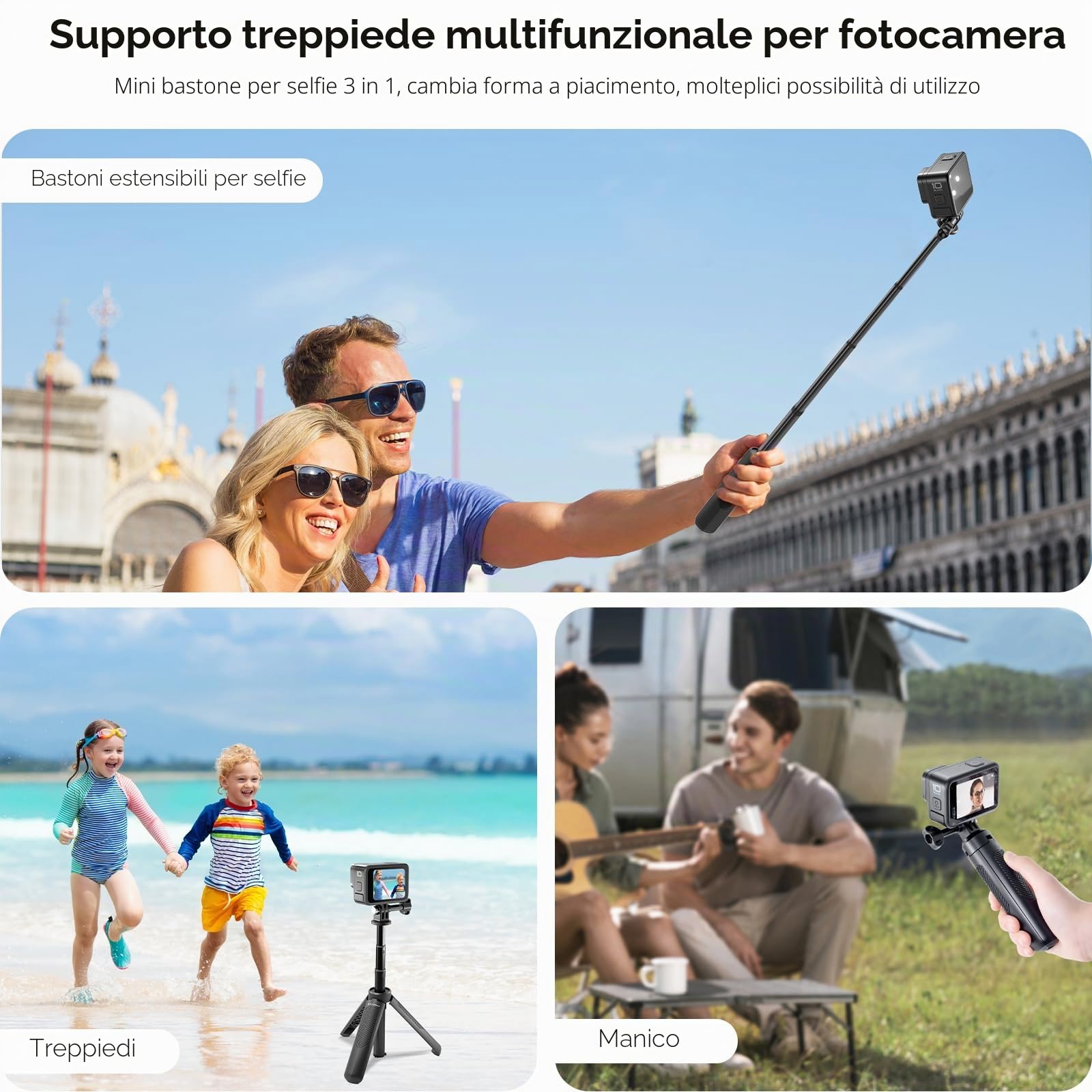 REYGEAK 40 cm Selfie Stick Treppiede per GoPro, mini treppiede 2 in 1 per DJI Osmo Pocket 3, GoPro Hero 13/12/11/10/9/Max, Osmo Action 5 Pro/4, Insta-360 X5/X4