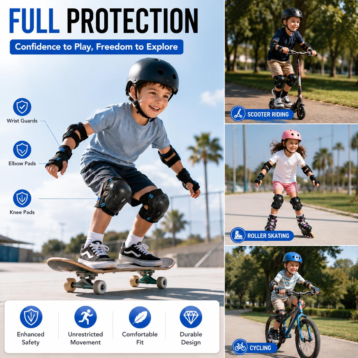 Ensemble de genouillères et coudières pour enfants - Équipement de protection réglable - Genouillères avec protège-poignet - Patins à roulettes pour filles
