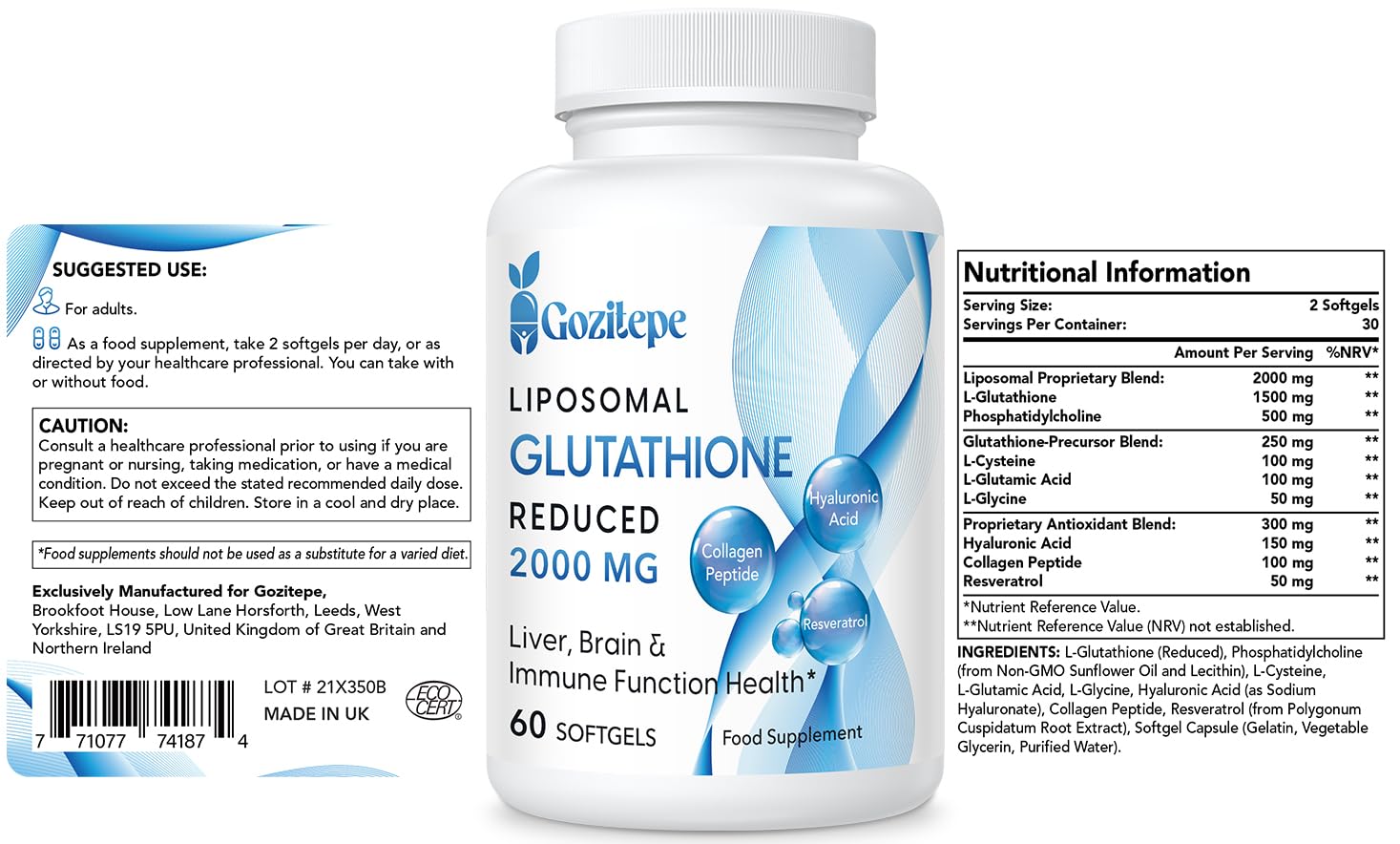 Gozitepe Liposomal Glutathione Reduced 2000mg per Serving | Glutathione  Supplement with Hyaluronic Acid + Collagen Peptide + Resveratrol | 10x  Better ...