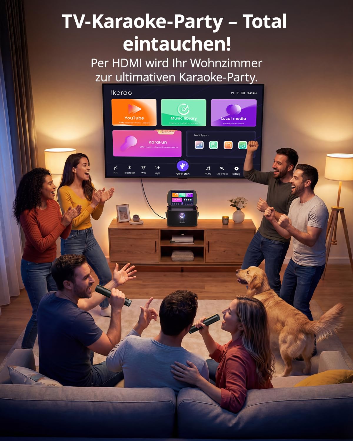 Ikarao Karaoke-Maschine - Komplettsystem mit Textanzeige, 2 Mikrofonen, 140W, Bluetooth, HDMI-Anschluss, selbstaufladend, für Karafun-App, ideal für Home-Party & Fernseher （Shell S2）