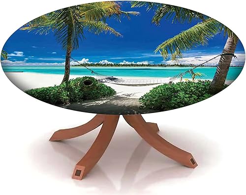 Mantel redondo con diseño de playa, borde elástico, adecuado para catering y cocina, se puede limpiar para mesa redonda de comedor, azul aguamarina,