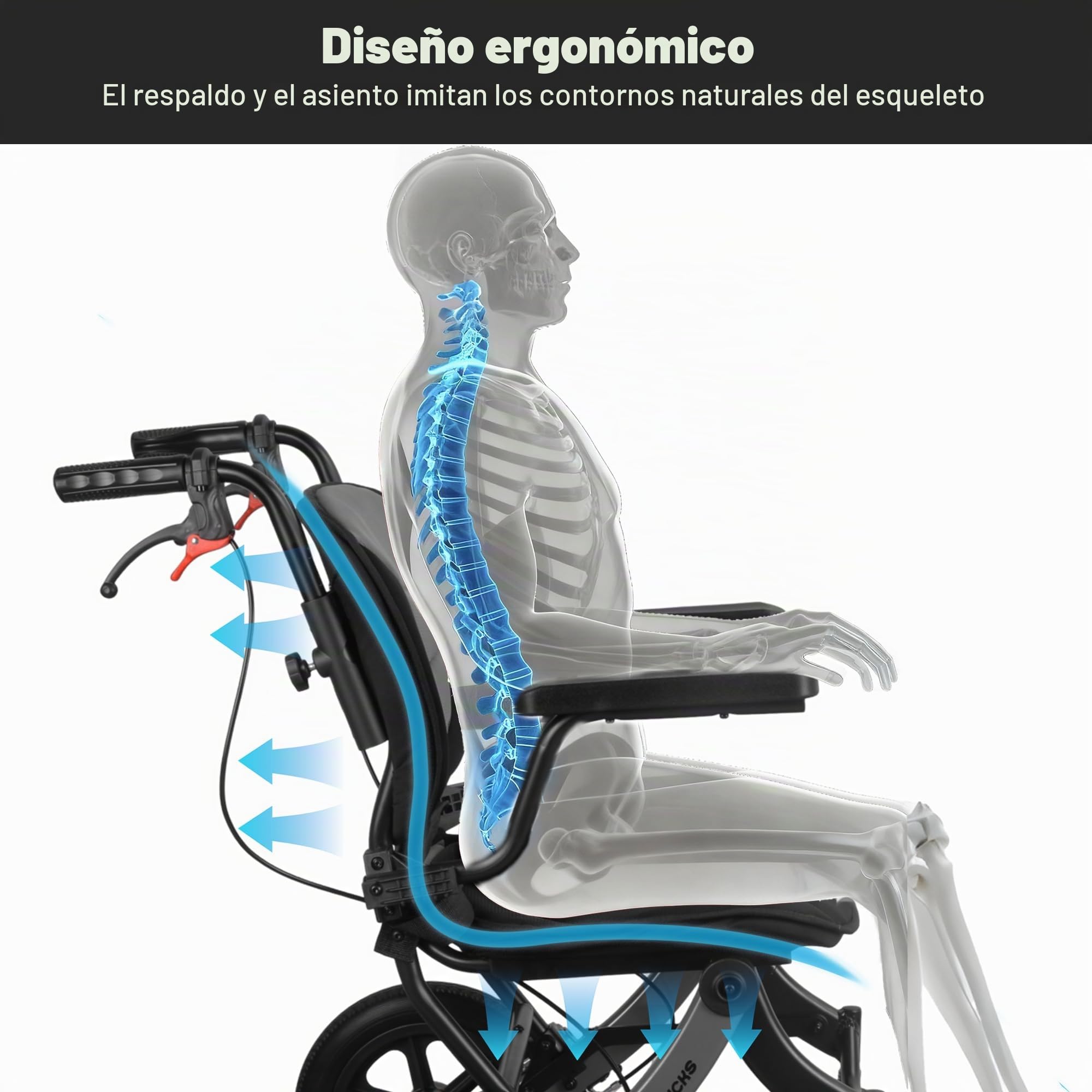 Silla De Transporte Plegable Ligera WHLICKS Para Adultos Y Ancianos, Silla De Viaje Portátil Con Cojín Extraíble Y Ruedas De 12 Pulgadas, Silla De Ruedas Ergonómica Con Altura Ajustable