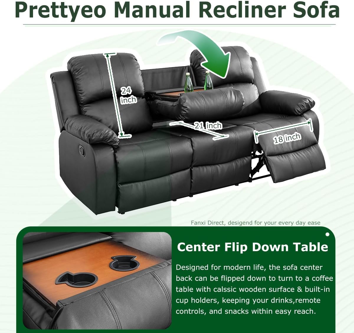 Faux Leather Recliner Sofa Set for Living Room, 2PCS Manual Reclining Sofa & Loveseat Set with Cup Holders & Storage Console, Vintage Recliner Furniture for Office/Club/Guest Room/RV, Black