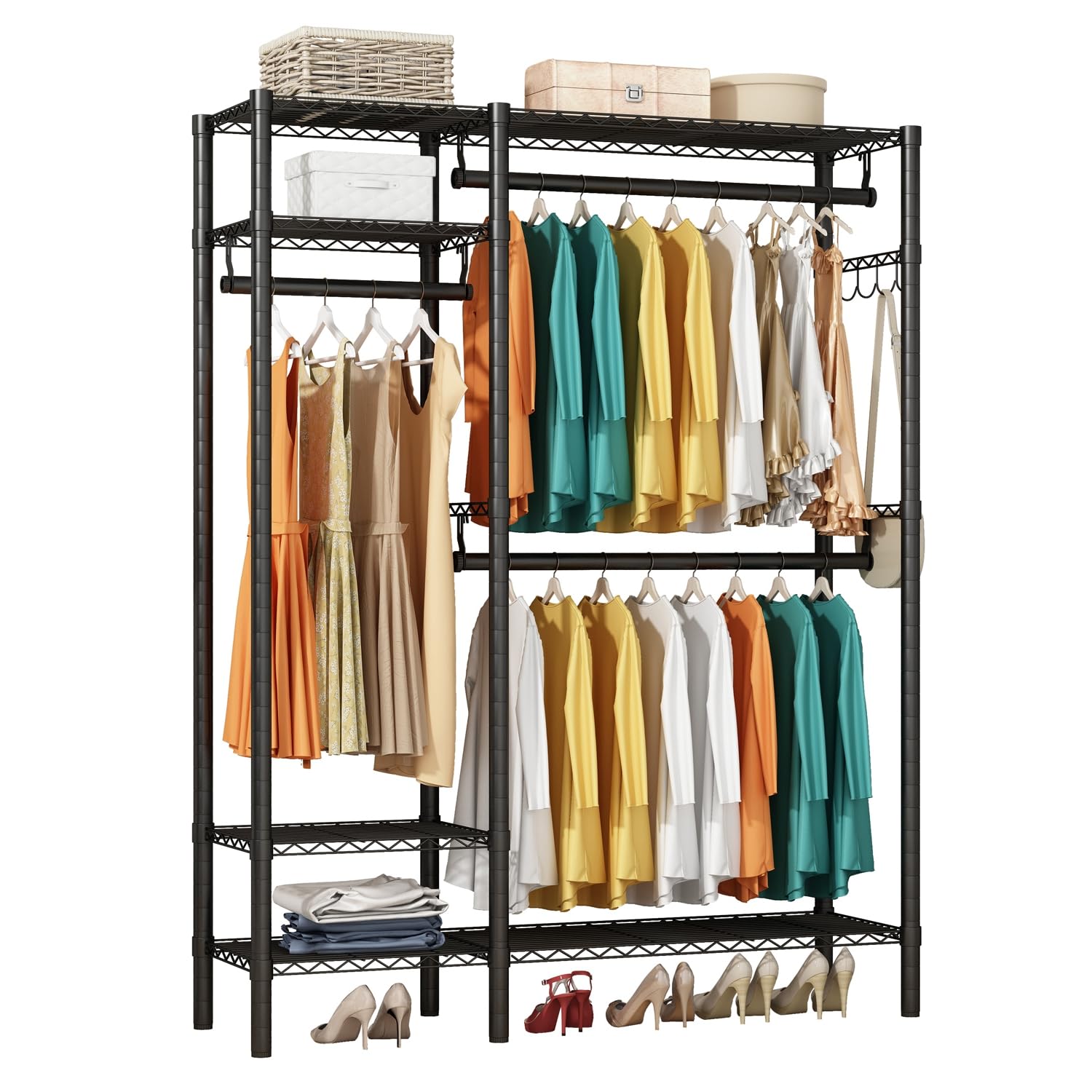 KZOBYD Heavy Duty Clothes Rail Rack, Metal Garment Rack with 3 Hanging Rods, Adjustable Wire Clothes Shelving Storage Rack Freestanding Clothing Storage Organizer with 4 Shelves