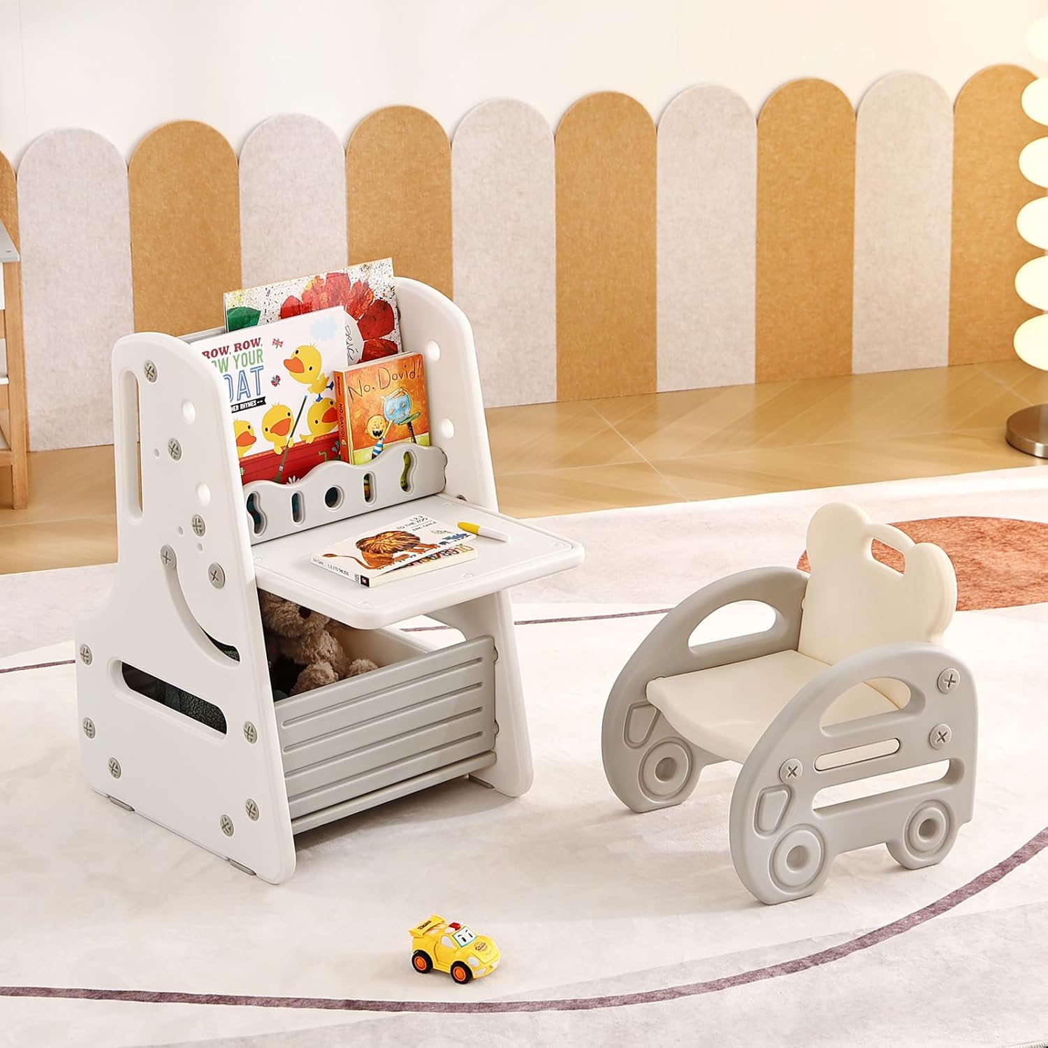 Tiita Kids Table and Chair Set, 3 in 1 Convertible Art Easel & Display Bookshelf w/Magnetic Painting Board, Bottom Storage Shelf, Standing Easel with Chairs, Grey