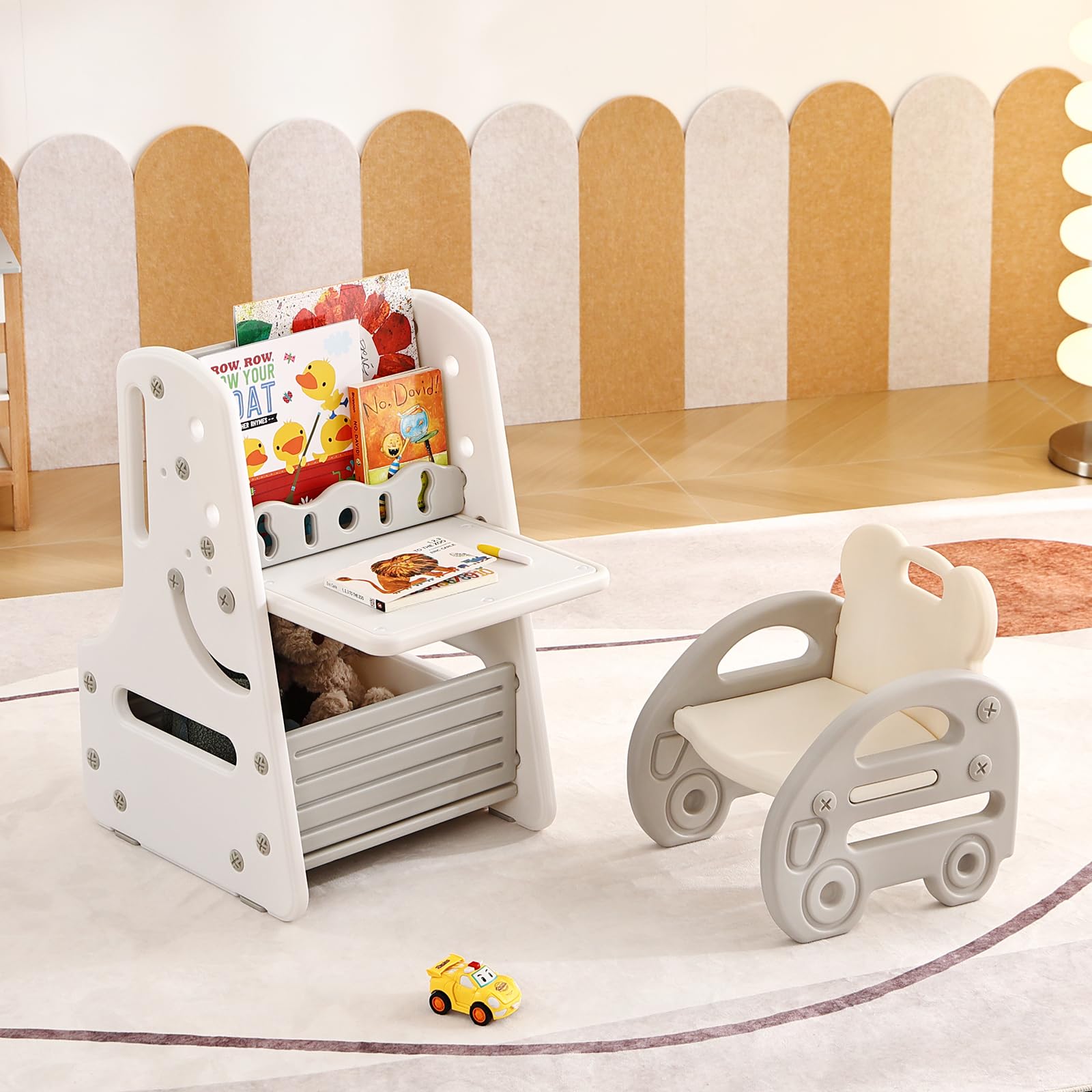 Juego de mesa y silla para niños, caballete de arte convertible 3 en 1 y estantería de exhibición con tablero de pintura magnético, estante de almacenamiento inferior, caballete de pie con 8