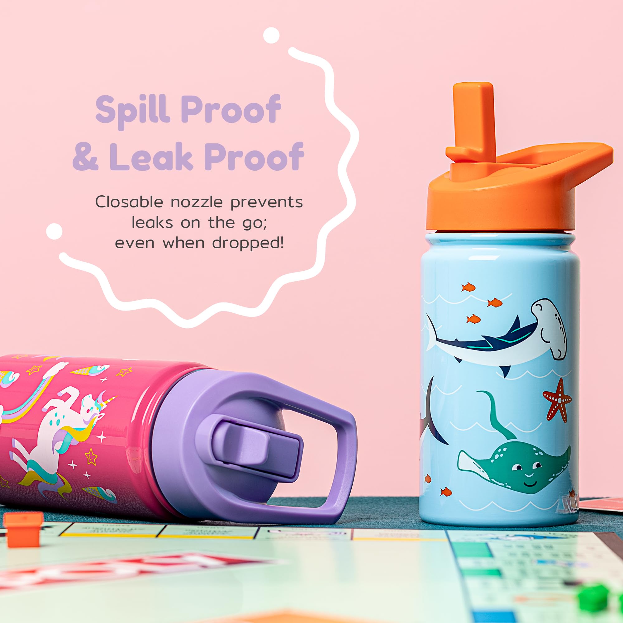 BOZ Kids Insulated Water Bottle with Straw Lid, Two-Pack Bundle, Unicorn/Mermaid - Image 3