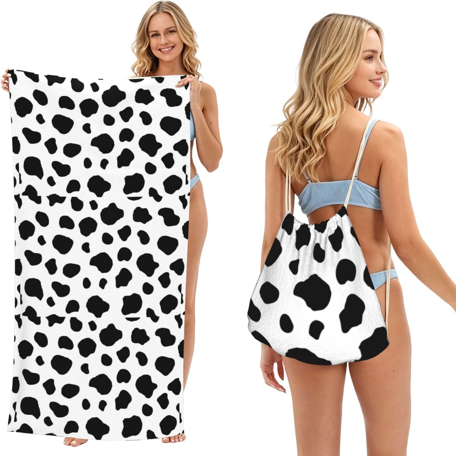 Poadnly Cow Spots, 2 in 1 Packable Towel Bag, Beach Towels with Drawstring Backpack for Travel Holiday Camping