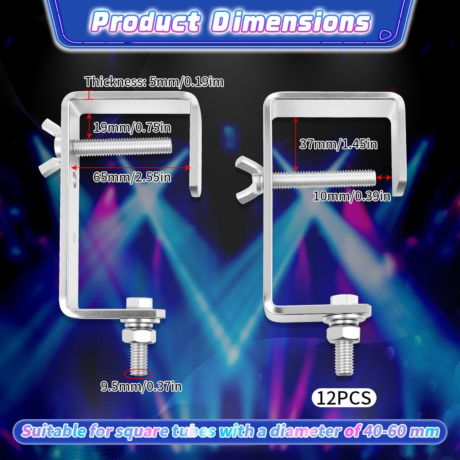 Zonon 12 Pack Stage Lighting Truss Clamp Hook for Square Tube Galvanized Iron Truss Clamps for LED Dj Lights Par Spotlight, Moving Head Beam Spot Square Tube Clamp, Heavy Duty 88 Lbs /40 kg (Silver)