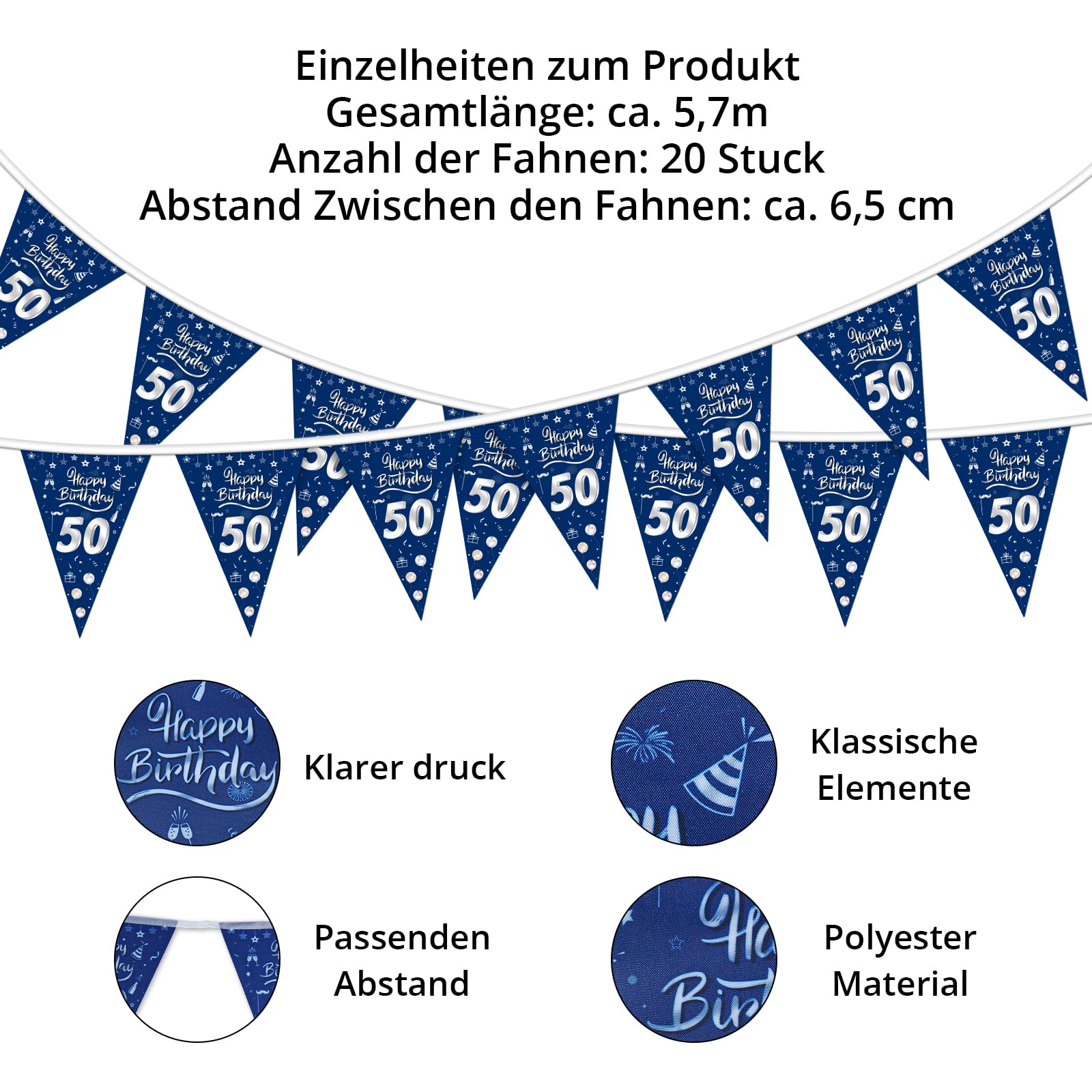 50. Geburtstag Deko In Marineblau & Gold – 3 Wimpelketten Mit "Happy 50" Für Die Perfekte Party