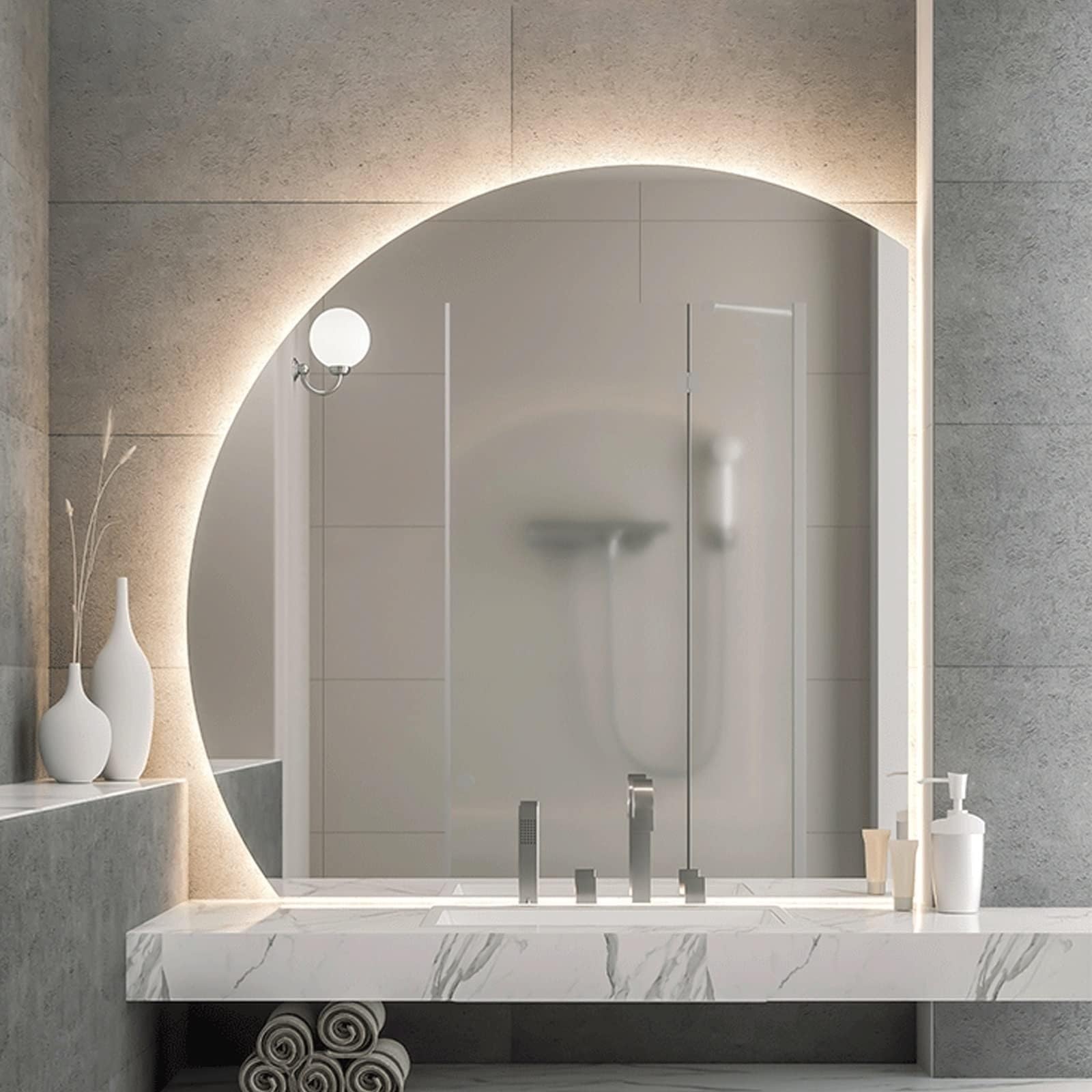 Lustro łazienkowe LED półokrągłe podświetlane lustro kosmetyczne z regulowanymi światłami 3000 K / 4000 K / 6000 K, inteligentne sterowanie dotykowe, 60 cm, nowoczesna dekoracja domu