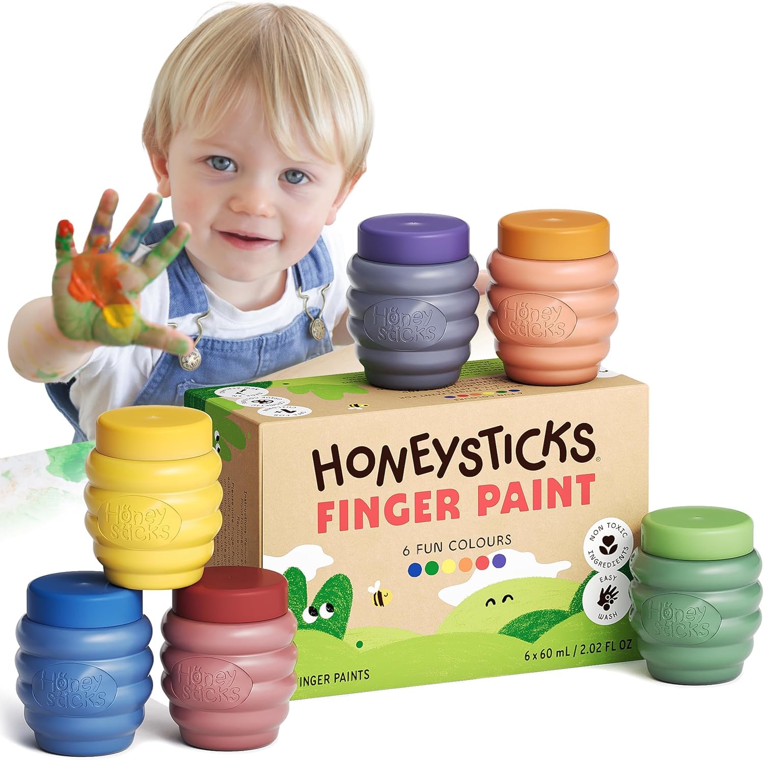 Honeysticks Pintura de Dedos para Niños y Bebés No Tóxica – Pinturas para Bebés y Niños de 1 a 5 Años a Base de Agua en 6 Colores Vivos - Seguras y Lavables de la Piel – Ecológica