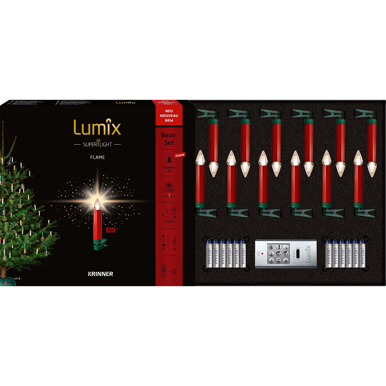 Lumix® kabellose LED Christbaumkerzen Weihnachtsbaumkerzen 12er Basis-Set SuperLight Flame Metallic Mini Rot 9cm warmweiß inkl. Fernbedienung 77146