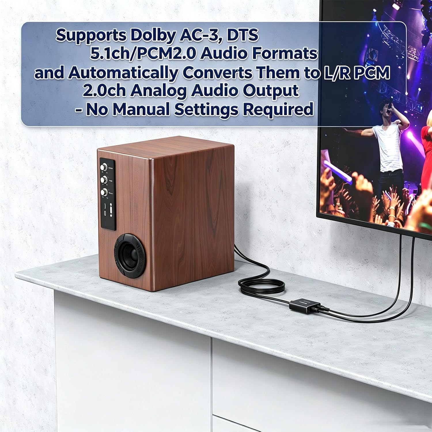 eSynic 192KHZ Optical to RCA Adapter Support Dolby AC-3 DTS 5.1ch Decoding | USB Power-7ft/2.1m Cable Long SPDIF to RCA Converter-Built-in DAC Amplifier Chip-Just Plug & Play for HDTV/DVD/Game Console