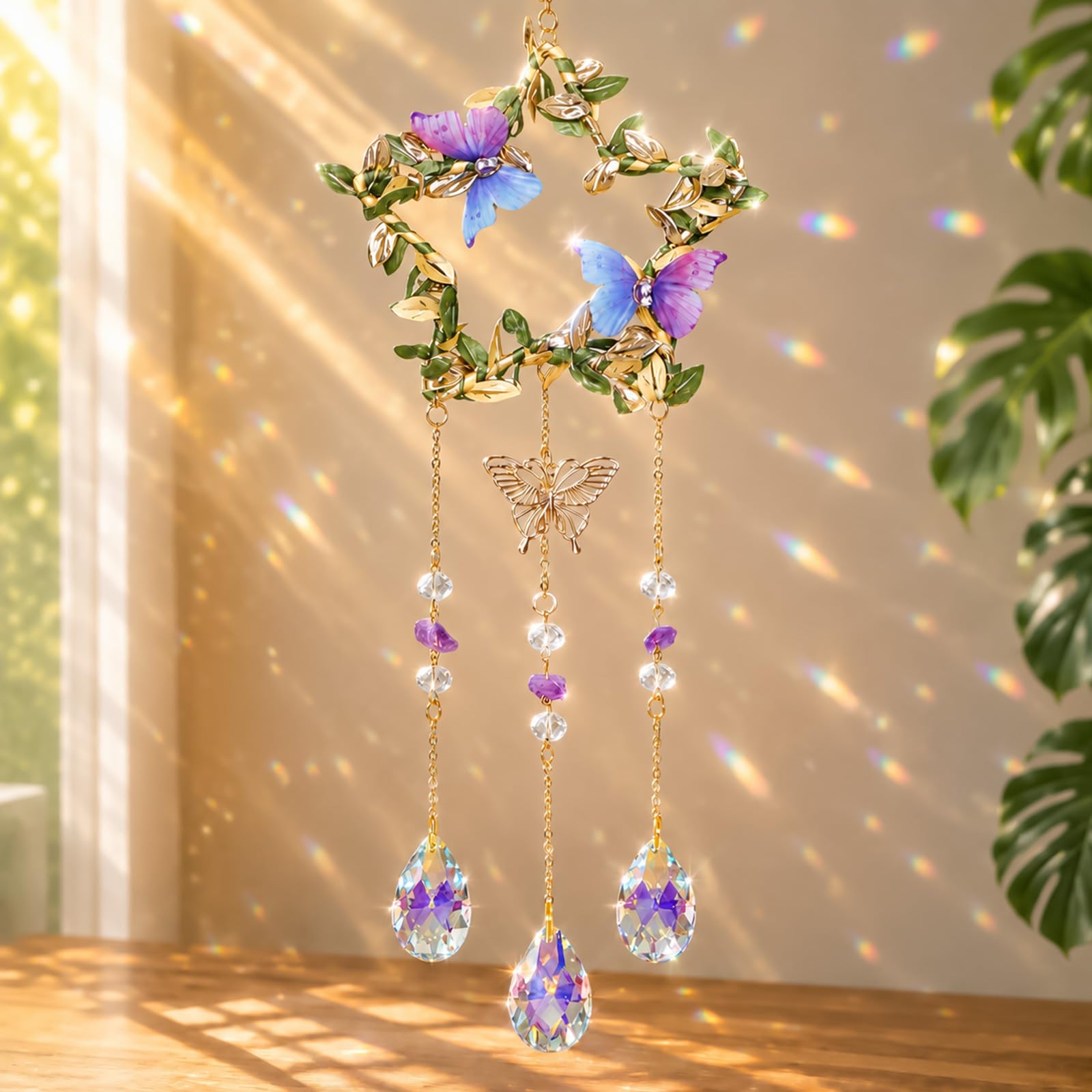Photo 1 of Boho Star Butterfly Crystal Suncatcher, Rainbow Maker AB Color Prism Hanging Ornament, Indoor Outdoor Window Garden Decor, Unique Gift for Women Girls
