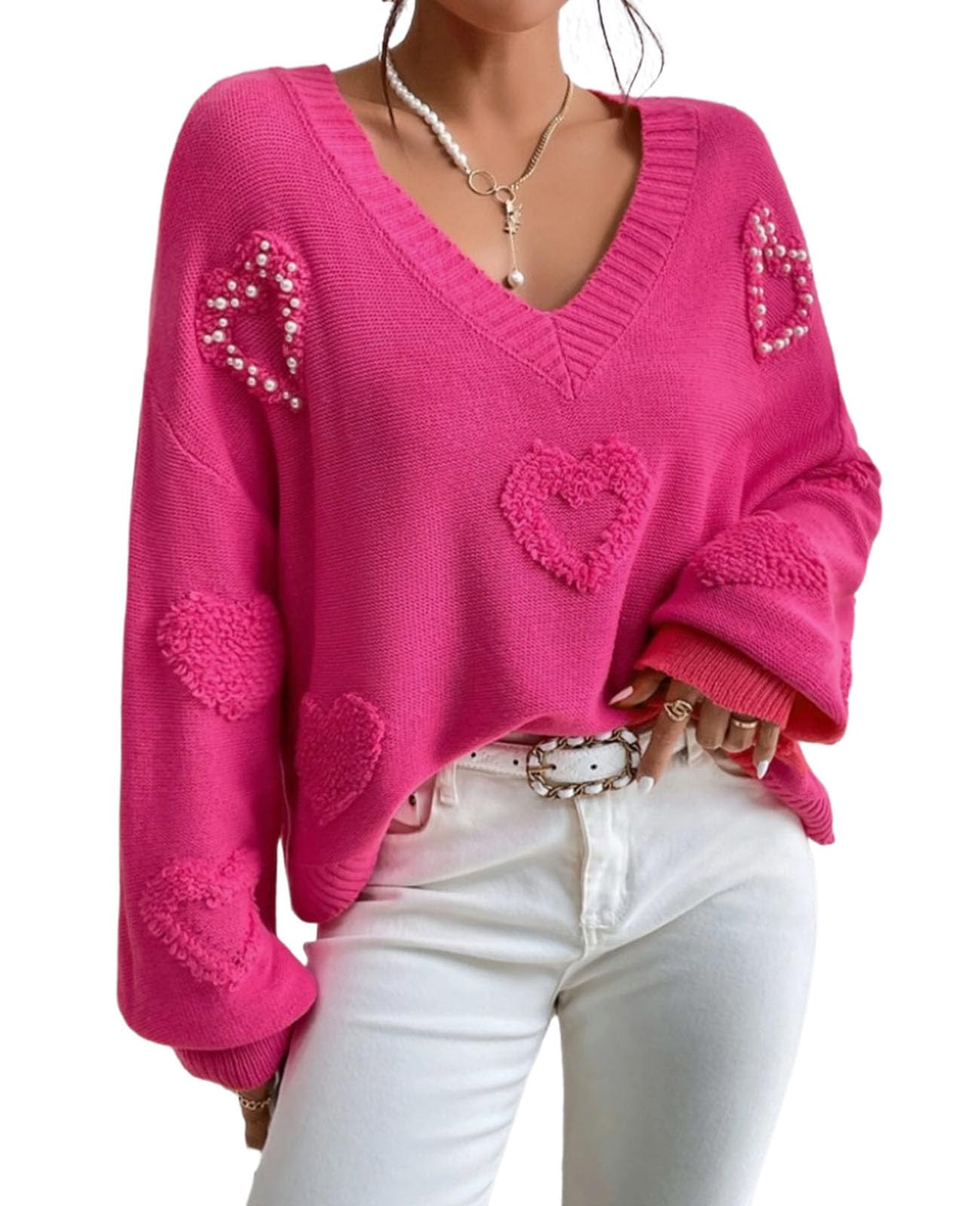SELINK Womens Fuzzy Heart Sweater V Neck Pearl Drop Shoulder Casual Long Sleeve Valentines Sweaters Pullover Tops