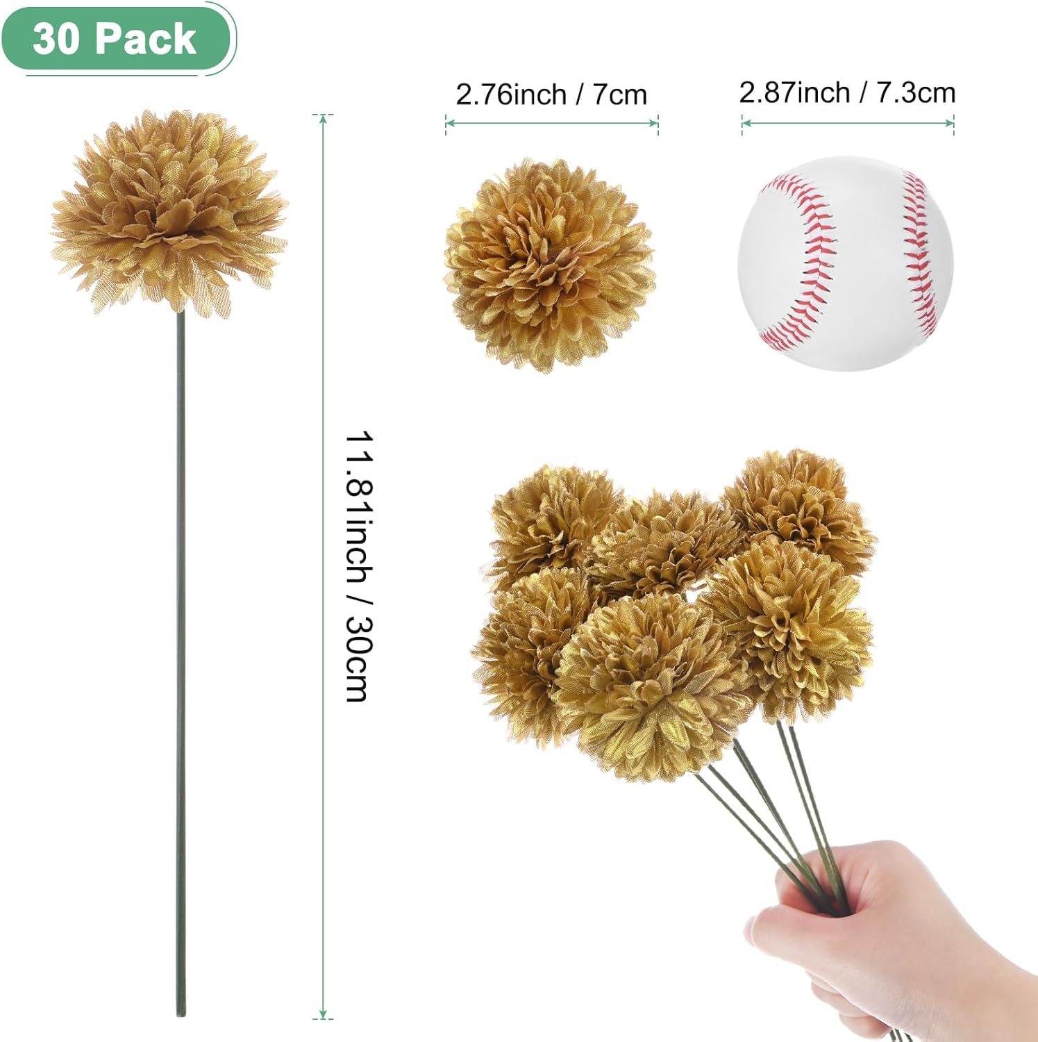 M METERXITY 30-Pack Artificial Chrysanthemum Ball Flowers,11 Inch Faux Chrysanthemum Silk Bouquets Real Touch Faux Flowers for Home/Wedding/Christmas/Party[Gold]