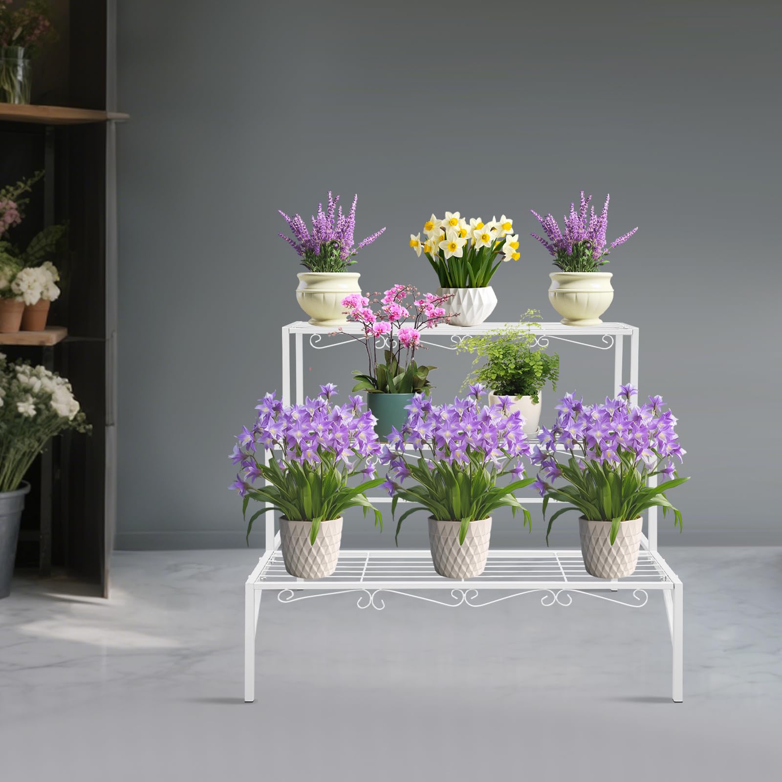Blumentreppe 3-stufig, Pflanzenregal aus Metall, Pflanzenständer mit 3 Ebenen, Freistehender Blumenständer Pflanzentreppe für Outdoor Indoor, Balkon, Garten, 70x58x60 cm (Weiß)