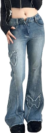 Womens Y2k Butterfly Flare Jeans Low Rise Grunge Clothes Distressed Vintage Denim Bell Bottom