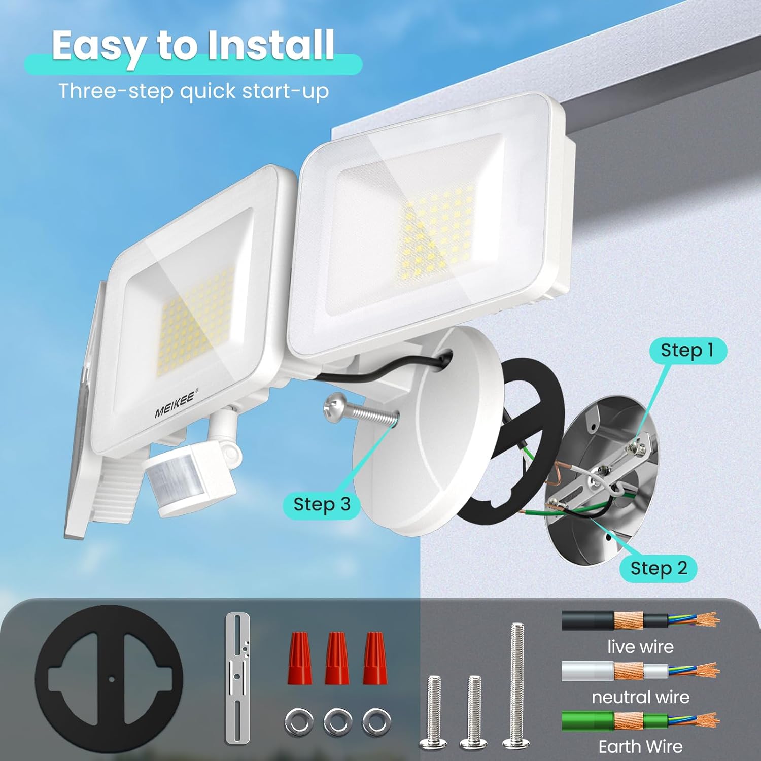 Diagram showing a three-step installation process for the flood light, including wiring connections