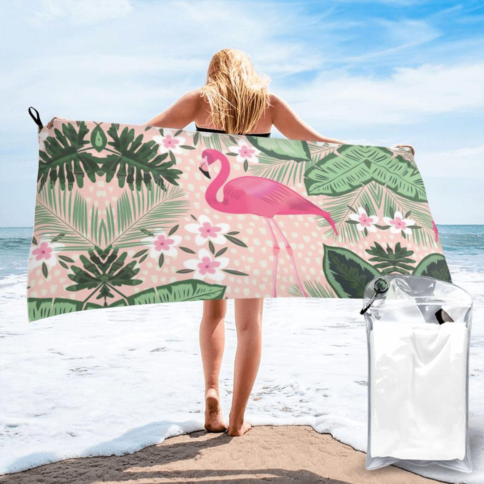 ENGhjes Flamingo Print Camping Towel Fast Drying Bath Beach Shower Wrap For Gym Camping Vacation Adults Portable Gift
