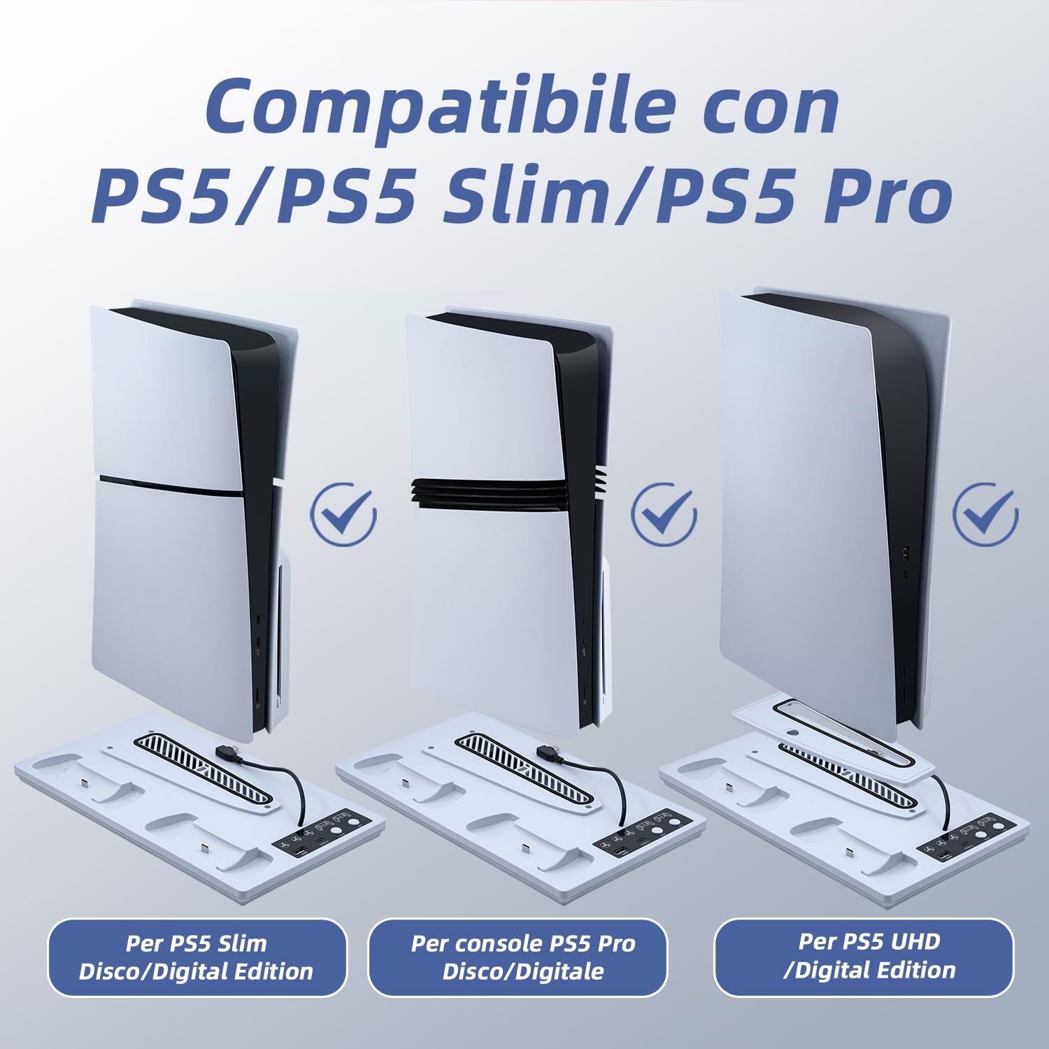 Wigearss Supporto Verticale Raffreddamento PS5/PS5 Slim/PS5 Pro con Doppio Caricatore Controller, Base di Ricarica Joystick PS5 con Ventola Raffreddamento, Illuminazione RGB per PS5/PS5 Slim/PS5 Pro