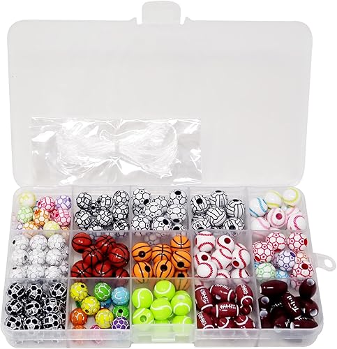 Honbay 15 estilos de cuentas redondas de acrílico para pelota deportiva, baloncesto, tenis, voleibol, béisbol, rugby, fútbol para pulseras,