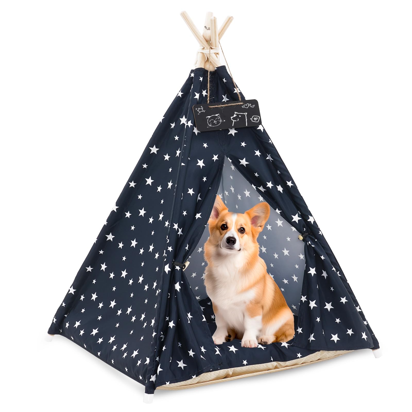 Tienda De Campaña para Mascotas con Cojín, Tienda De Campaña para Perros y Gatos, Extraíble y Lavable Plegable Casas para Mascotas, Pets Teepee Dog, 70X70X110CM, Azul Oscuro