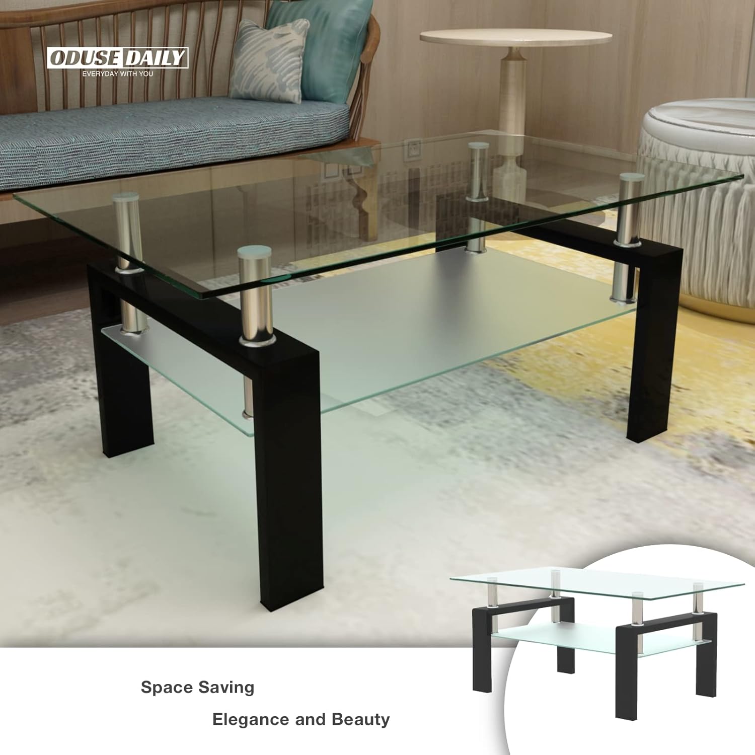 ODUSE-DAILY Morden Design Rectangle Glass Coffee Table for Living Room, with Black Metal Legs, Clear Tempered Glass