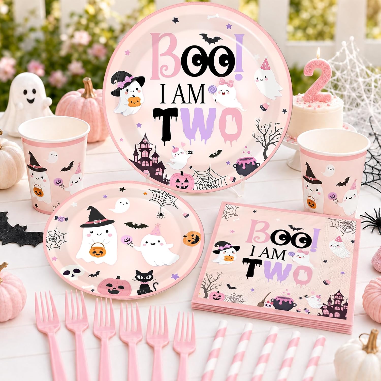 Boo I'm Two Halloween Birthday Party Decorations, 260 Pcs Pink Boo I'm Two Plates, Napkins, Banner, Backdrop, Tablecloth and Balloon Arch for Girls 2nd Birthday image 3