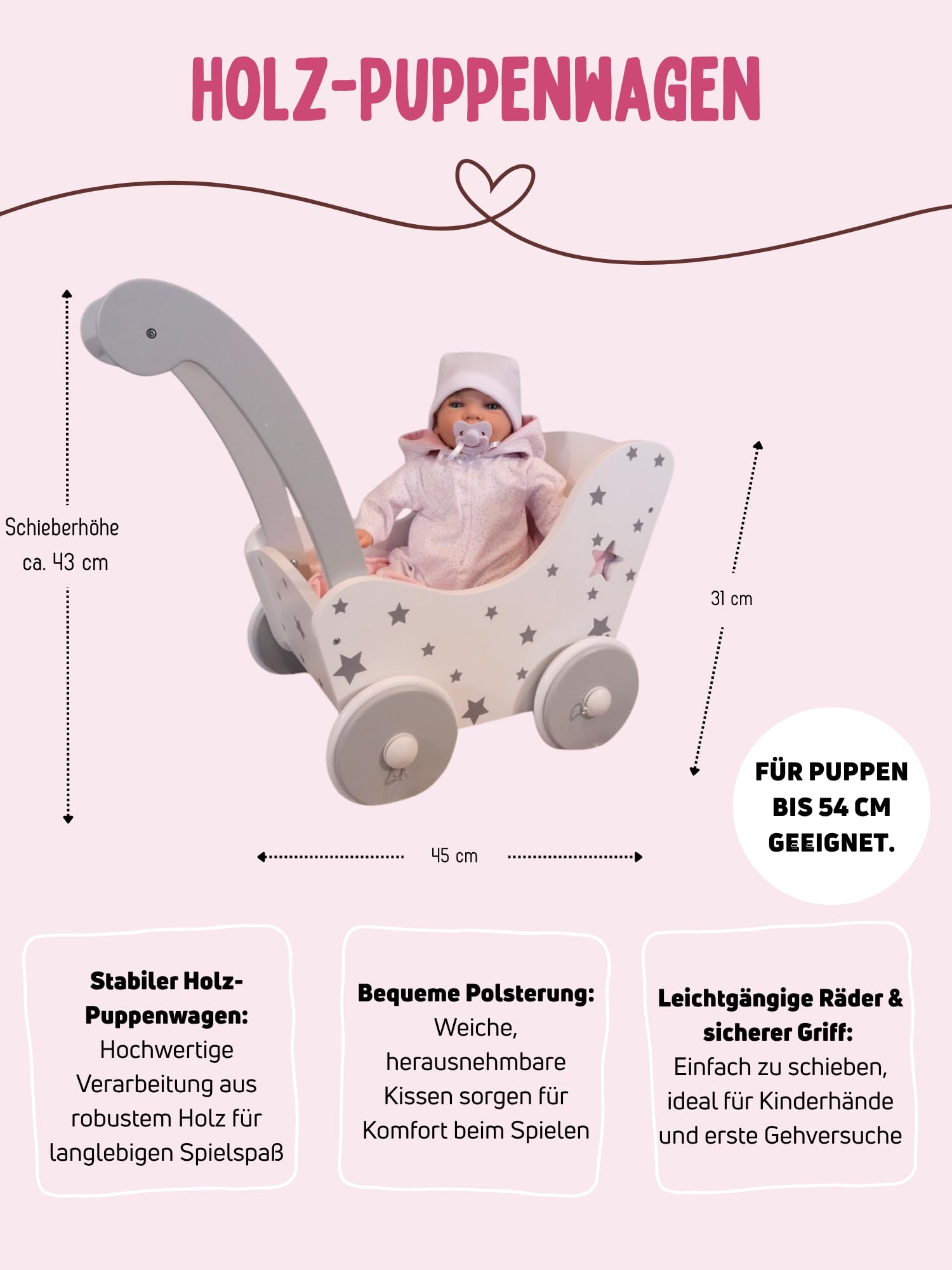 Bayer Chic 2000 Holz-Puppenwagen | Stars grau | Für Puppen bis 54 cm | Stabiler Puppenwagen aus Holz. Idealer Begleiter für Kleinkinder. Feste Schiebehöhe: 43 cm. Für Puppen bis 54 cm.