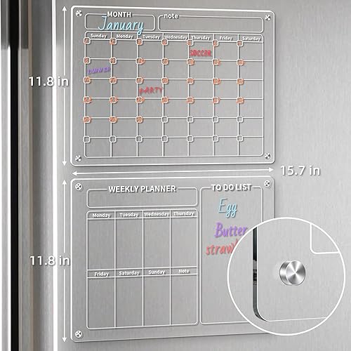 Miniatura 3 de GOLIFE Calendario acrílico magnético para refrigerador, calendario de pizarra de borrado en seco para refrigerador, planificador reutilizable,