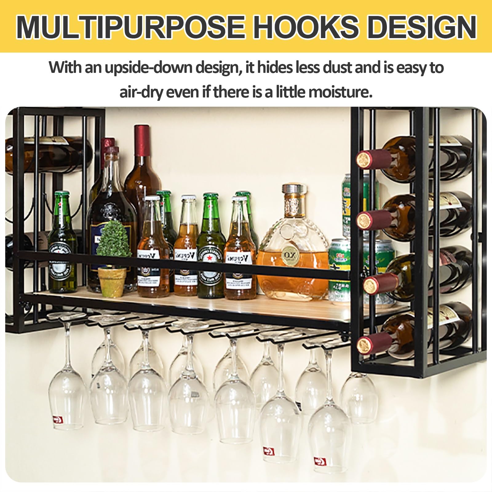 Botellero LED montado en la pared, soporte de metal para botellas y vasos, estante flotante para licor para decoración de cocina y bar, elegante exhibición de almacenamiento de vino (120 x 55 cm