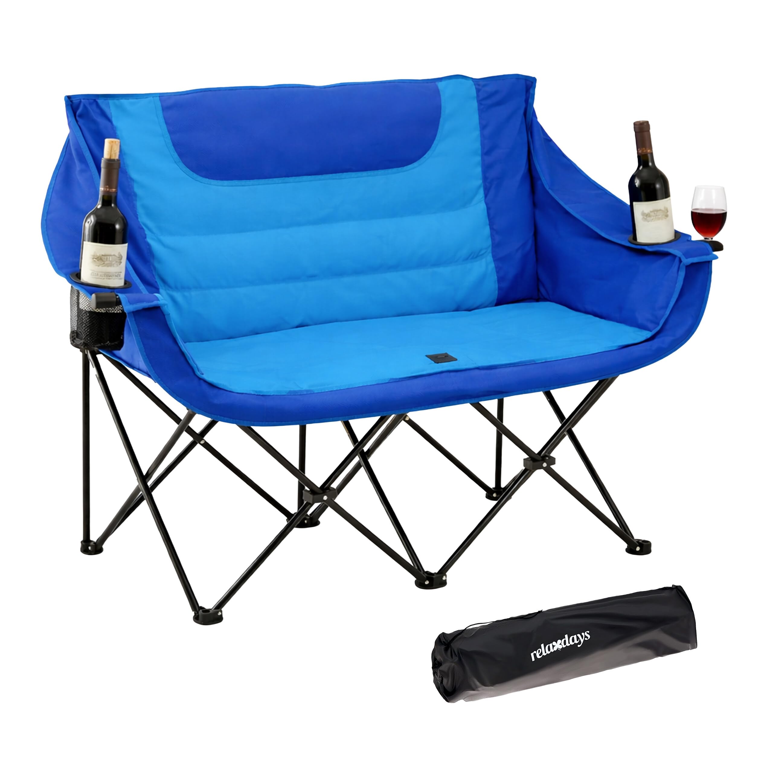 Relaxdays Silla Plegable Doble para Camping, Bolsa de Transporte, portavasos, 272 kg, poliéster y Metal, Azul