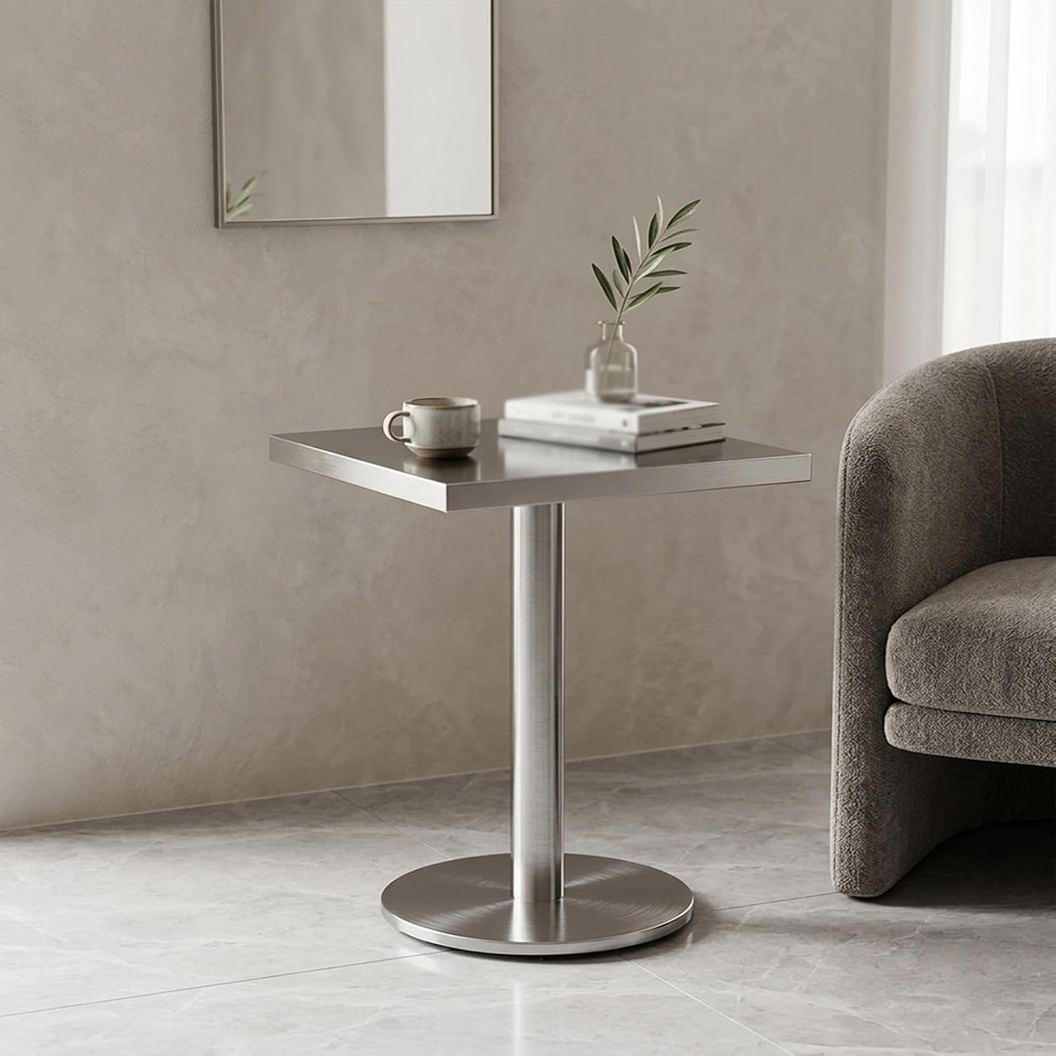Modern Stainless Steel Round Bar Table, Round Pub Table For Small Spaces, Minimalist Stainless Steel Side Table For Living Room, Cafe, Kitchen, Durable Metal End Table(Round Table,15.7in/40cm)